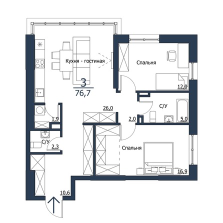 Планировка 3-комн 76,7 м²