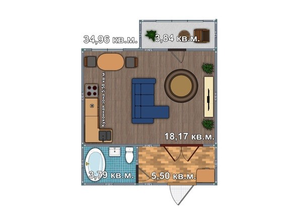 Планировка 1-комнатной квартиры 34,96 кв.м