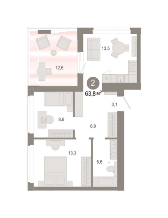 Планировка 2-комн 63,78 м²