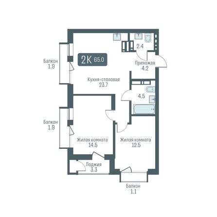 Планировка 2-комн 65 - 65,3 м²
