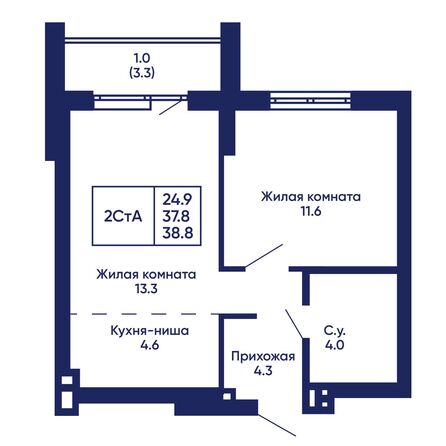 Планировка 2-комн 38,8, 39,4 м²