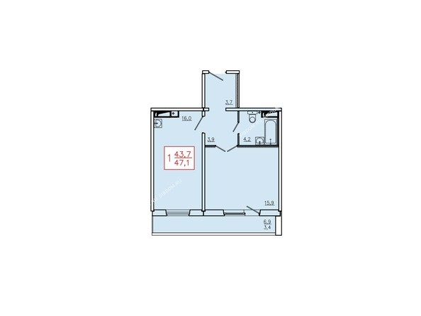 Планировка однокомнатной квартиры 47,1 кв.м. Этаж 17
