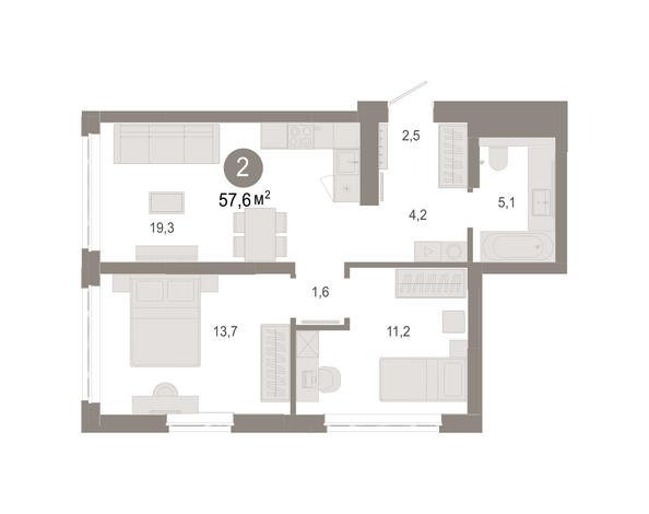 Планировка 2-комн 57,6 - 57,95 м²