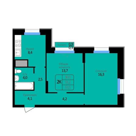 Планировка 2-комн 53,5 м²