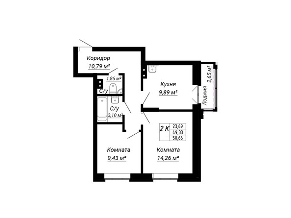 Планировка двухкомнатной квартиры 50,66 кв.м