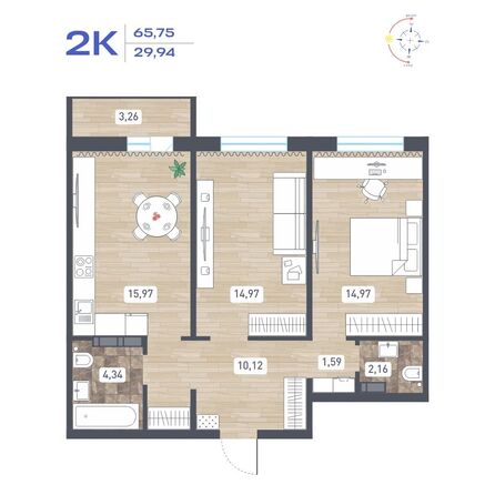 Планировка 2-комн 65,75, 65,82 м²