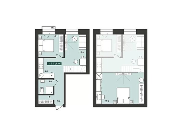 Планировка 3-комн 63,9 м²
