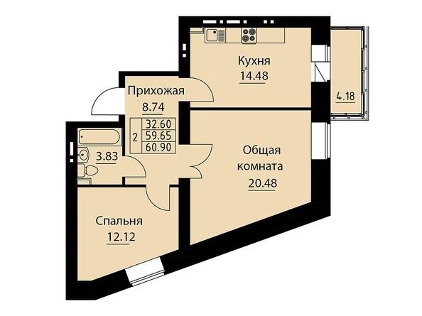 Планировка двухкомнатной квартиры 60,9 кв.м