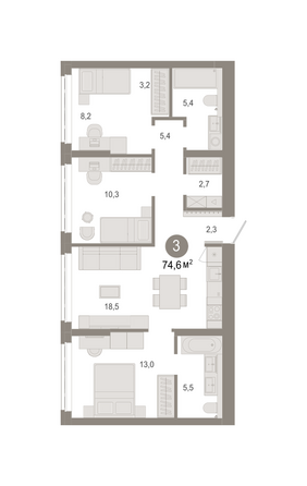 Планировка 3-комн 74,58, 74,61 м²