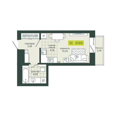 Планировка 1-комн 27,63 м²