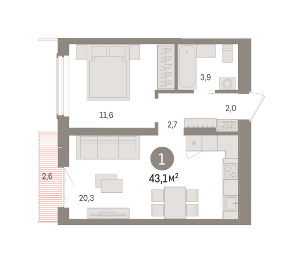 Планировка 1-комн 43,08 м²