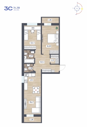 Планировка 3-комн 71,78 м²