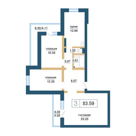 Планировка 3-комн 83,59 м²