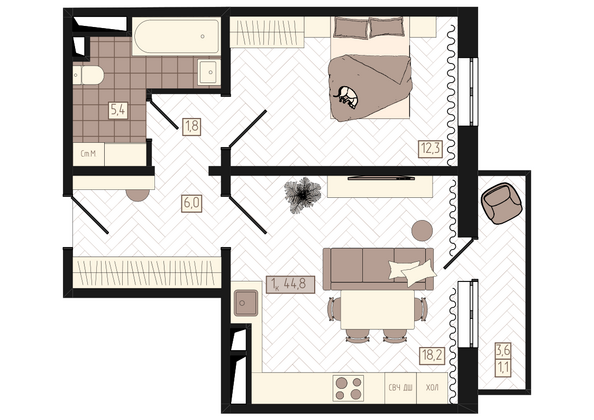 Планировка 1-комн 44,8 м²