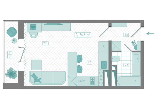 Планировка 1-комн 34,8 м²