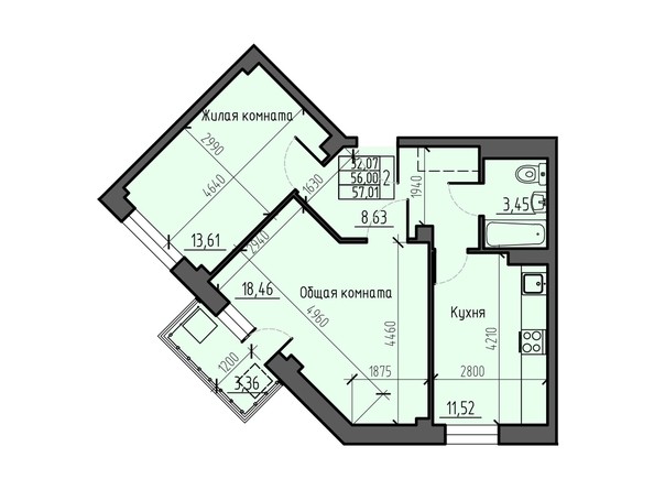 Планировка двухкомнатной квартиры 57,01 кв.м