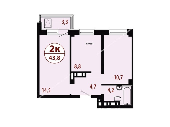Секция 2. Планировка двухкомнатной квартиры 43,8 кв.м