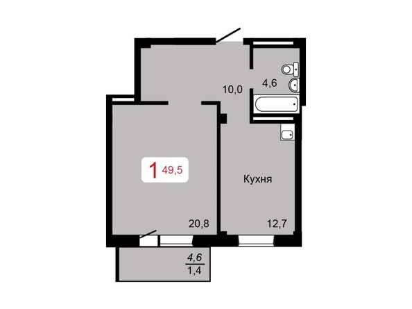 1-комнатная 49,5 кв.м