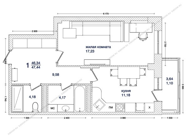 Планировка 1-комнатной квартиры 47,44 кв.м