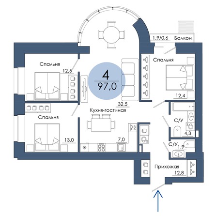 Планировка 4-комн 97 м²