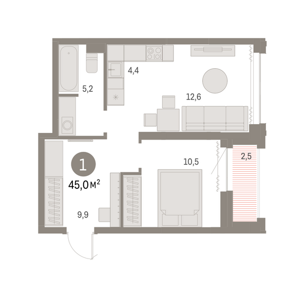 Планировка 1-комн 44,64 - 44,96 м²