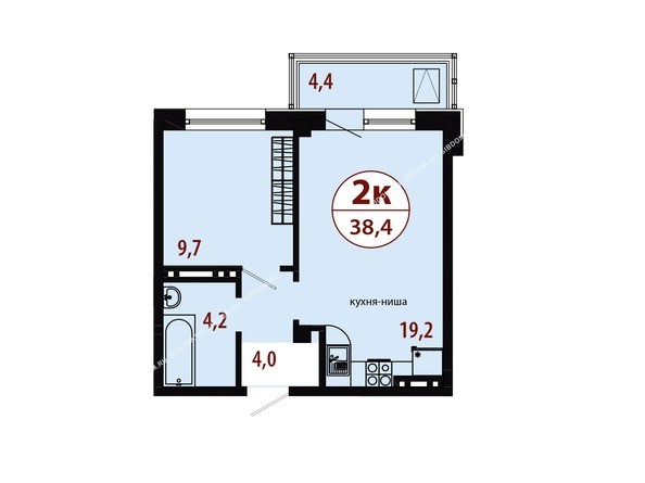 Секция 2. Планировка двухкомнатной квартиры 38,4 кв.м