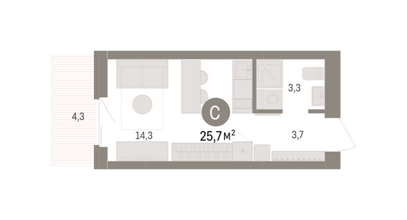 Планировка Студия 25,71, 25,72 м²