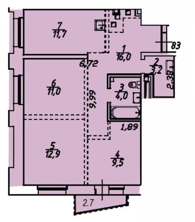 Планировка 3-комн 71 м²