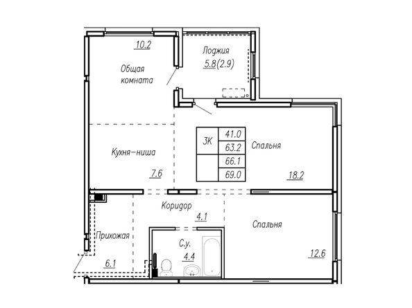 Планировка 3-комн 69 м²