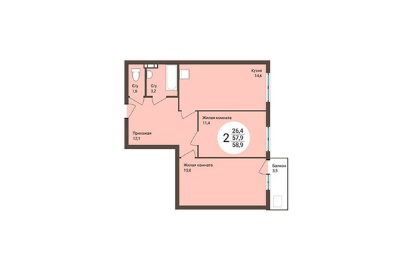 Планировка 2-комнатной квартиры 58,9 кв.м