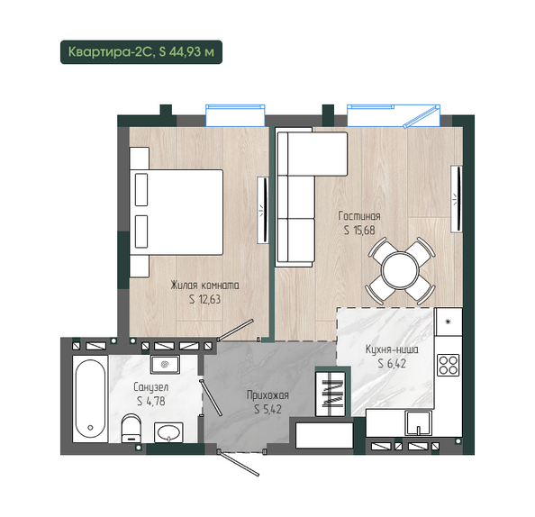 Планировка 2-комн 44,93 м²