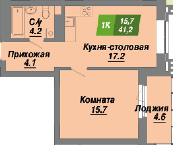 Планировка 1-комн 41,2, 41,5 м²