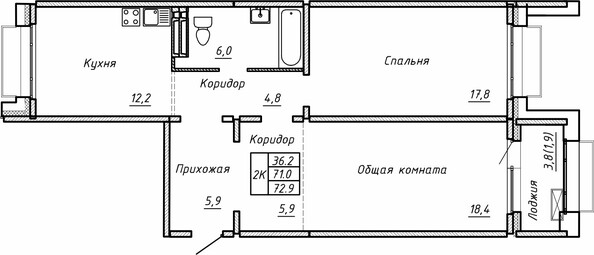 Планировка 2-комн 72,9, 73,1 м²