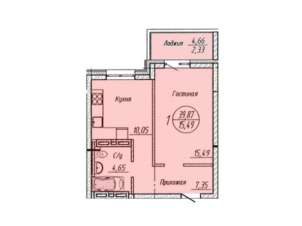 Планировка 1-комнатной квартиры 39,87 кв.м