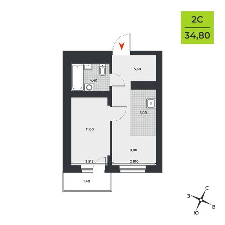 Планировка 2-комн 34,8 м²