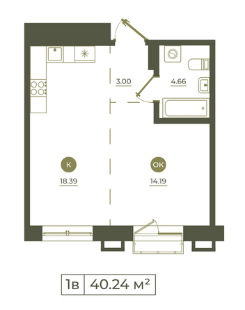 Планировка 1-комн 40,24, 40,41 м²