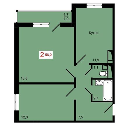 Планировка 2-комн 56,2 м²