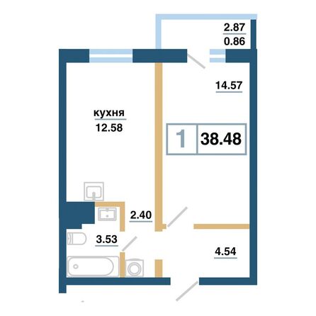 Планировка 1-комн 38,48 м²