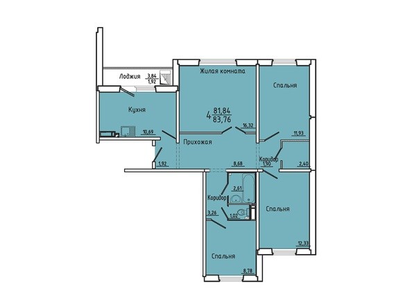 Планировка четырехкомнатной квартиры 83,76 кв.м