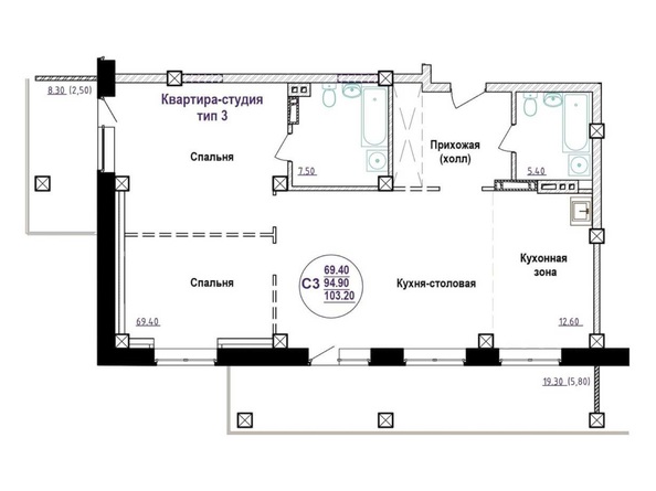 Планировка 2-комн 103 - 104,52 м²