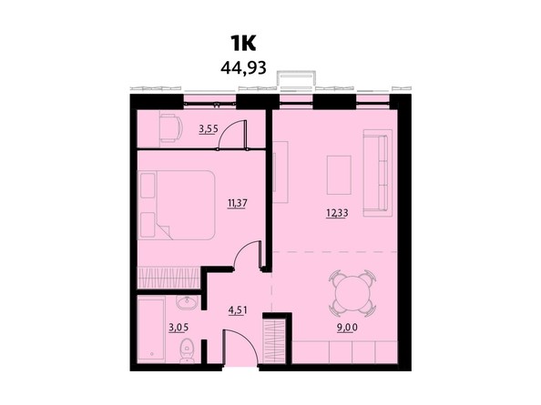 Планировка 1-комнатной 44,93 кв.м