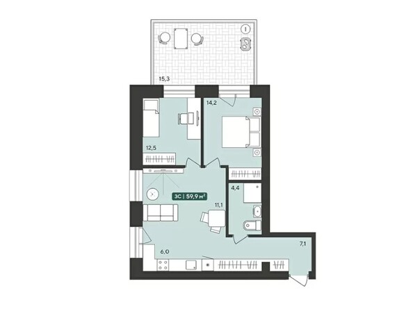 Планировка 3-комн 59,9 м²