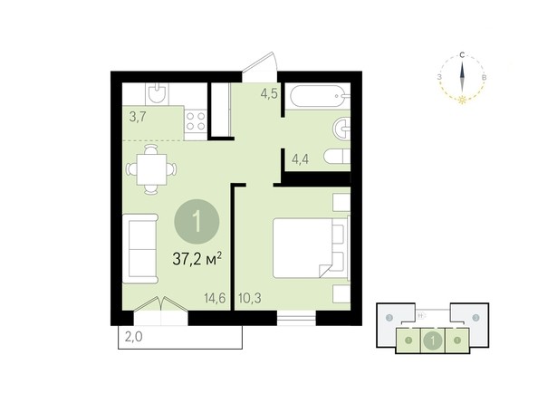 Планировка 1-комнатной квартиры 37,2 кв.м