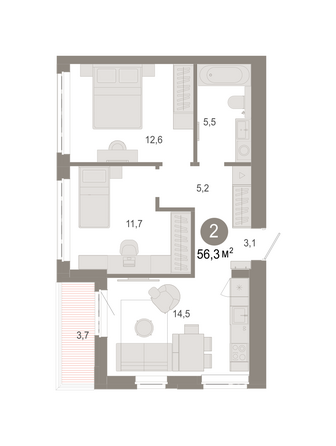 Планировка 2-комн 56,33 м²