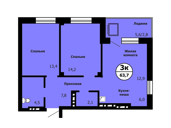 Типовая планировка 3-комнатной квартиры 63,7 кв.м