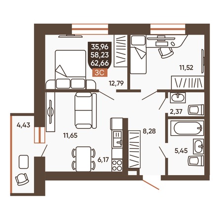 Планировка 3-комн 60,19 - 60,57 м²