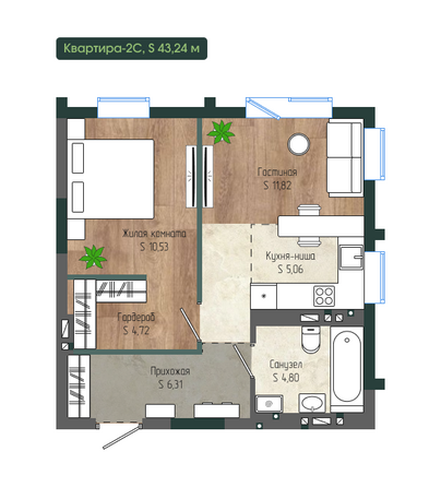 Планировка 2-комн 43,24 м²