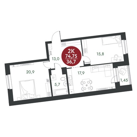 Планировка 2-комн 74,75 м²