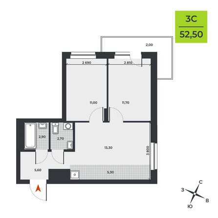 Планировка 3-комн 52,5 м²