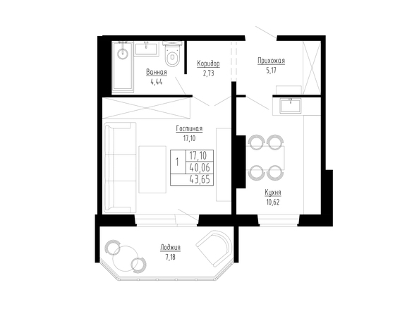 Планировка 1-комн 44 м²